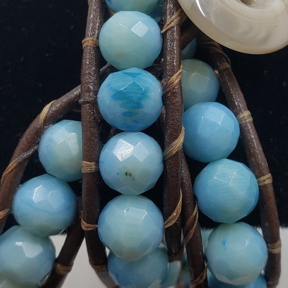 Brown Wrap Bracelet with Light Blue Amazonite Faceted Beads - Picture 2 of 3